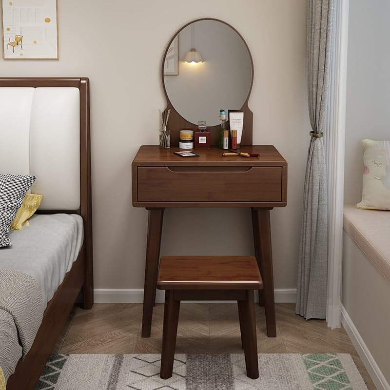 Contemporary Medium Wood Rubberwood Push-Pull Standing Makeup Vanity, No Suspended, Non-Upholstered Chair(s) thumbnail 1