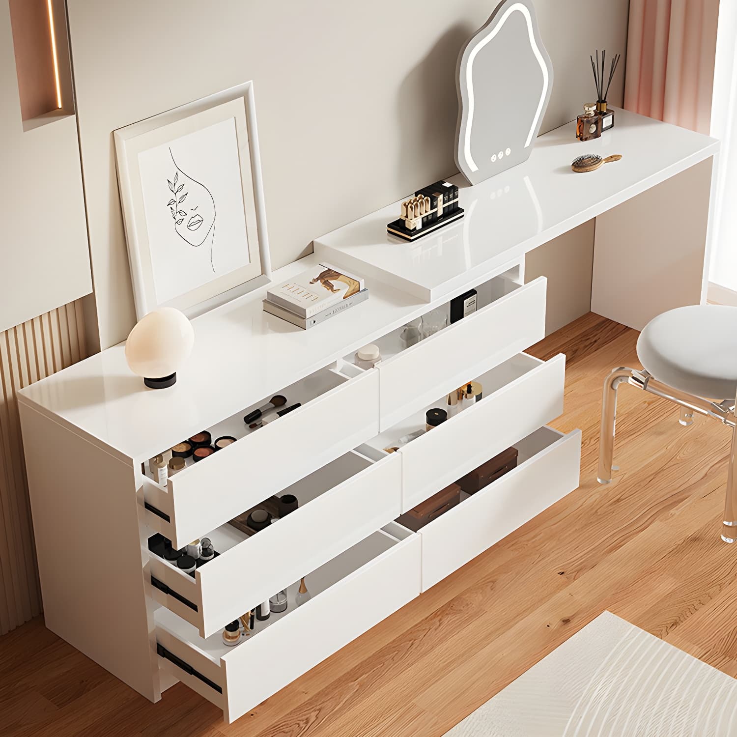 Contemporary White Wood Rectangle Top Make-up Vanity with Lighted Mirror thumbnail 4