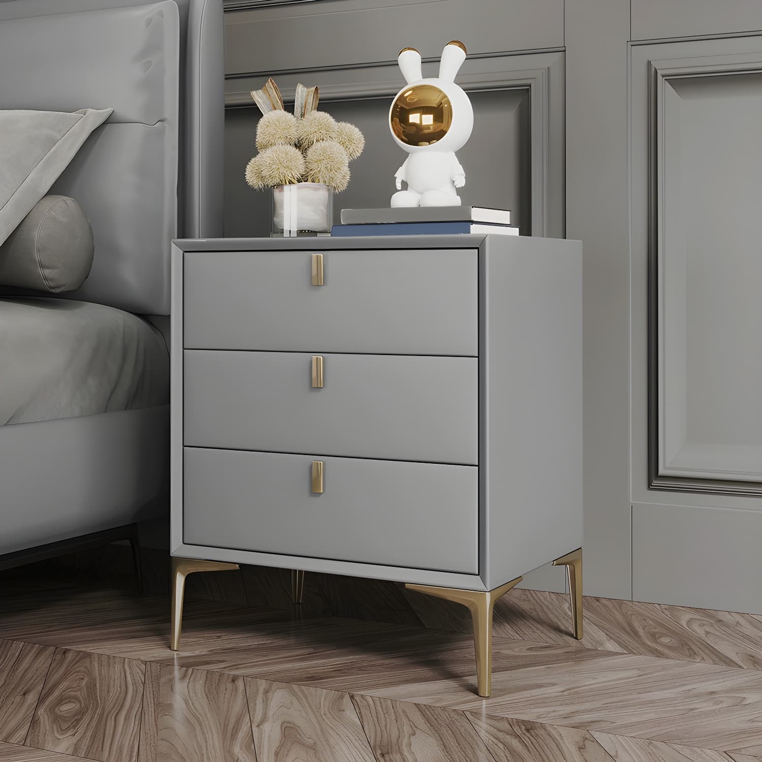 Glam Style Solid Wood 3-Drawer Nightstand with Legs for Bedroom thumbnail 8