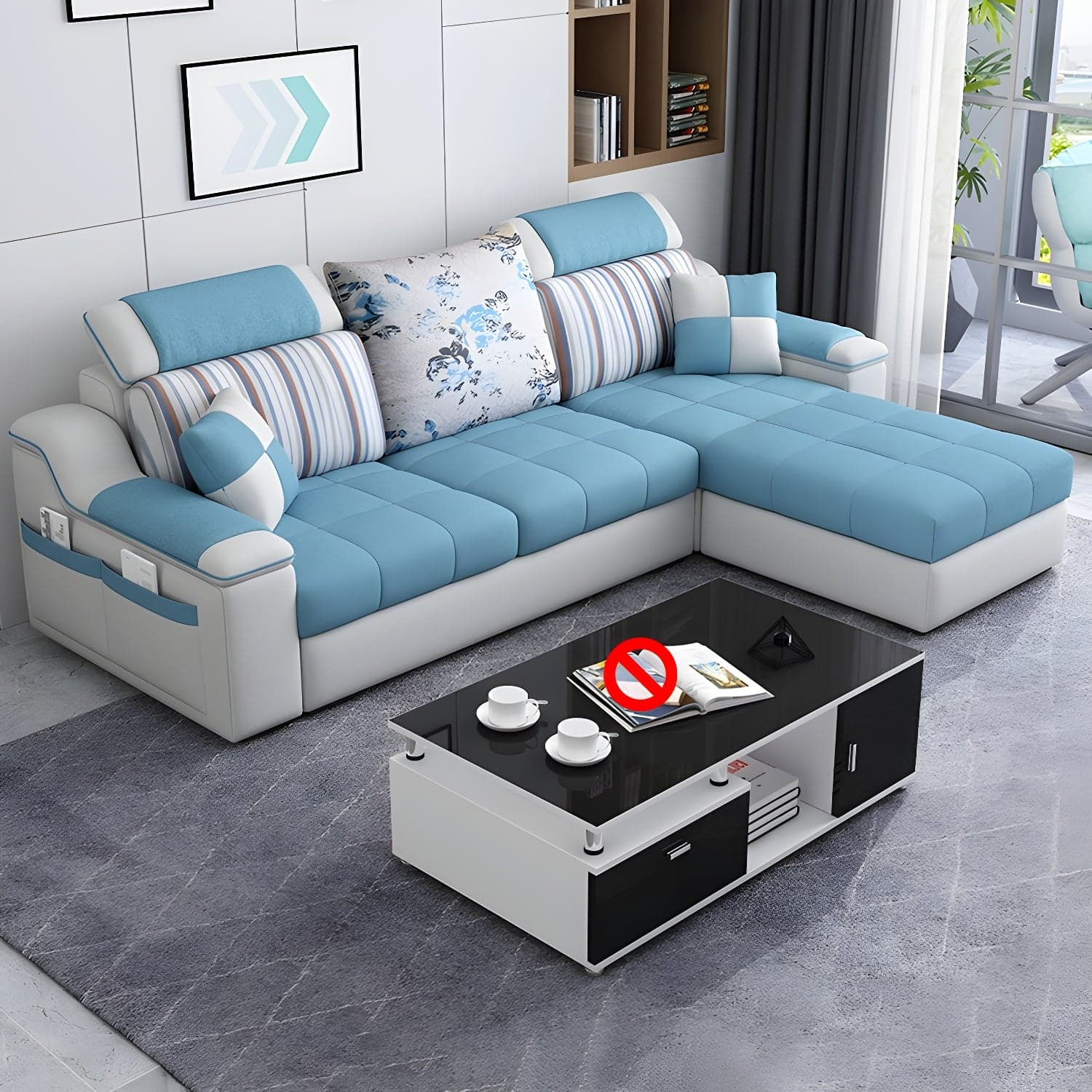 Reversible L-Shape Scandinavian Sectional Sofa with Ottoman and Adjustable Headrest in 2 Piece Set thumbnail 1