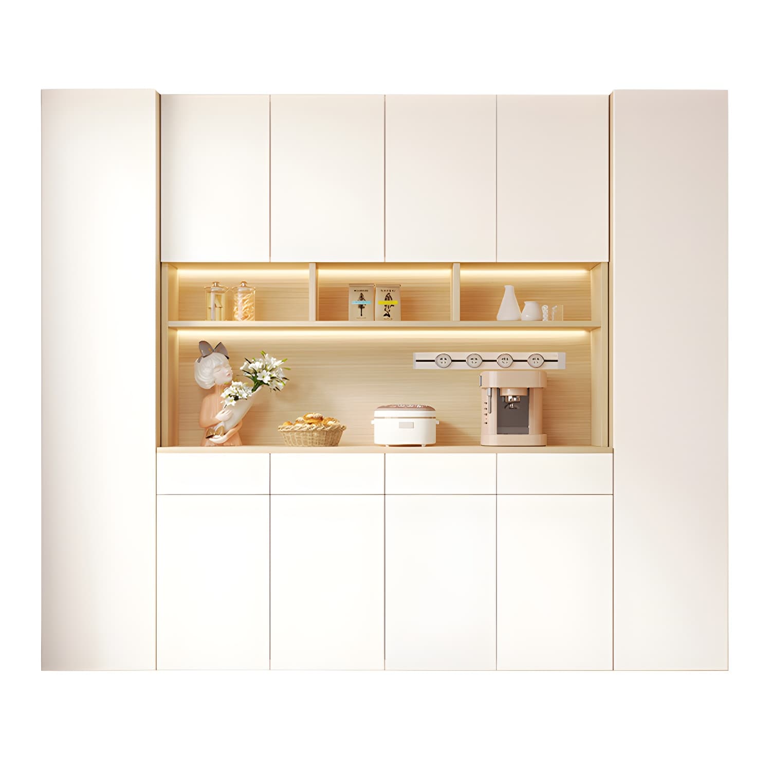 Scandinavian White Wood Buffet Sideboard Cabinet with Cabinets and Shelves thumbnail 5