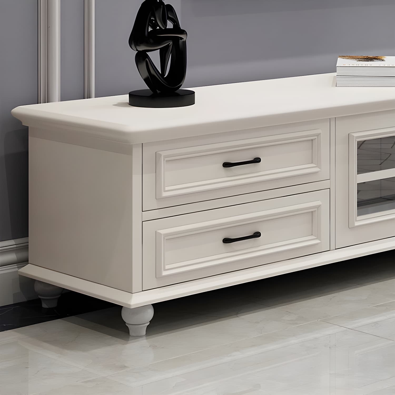 Modern Wood TV Stand with Drawers, Shelves, and Legs - Low Height - Cable Management thumbnail 9