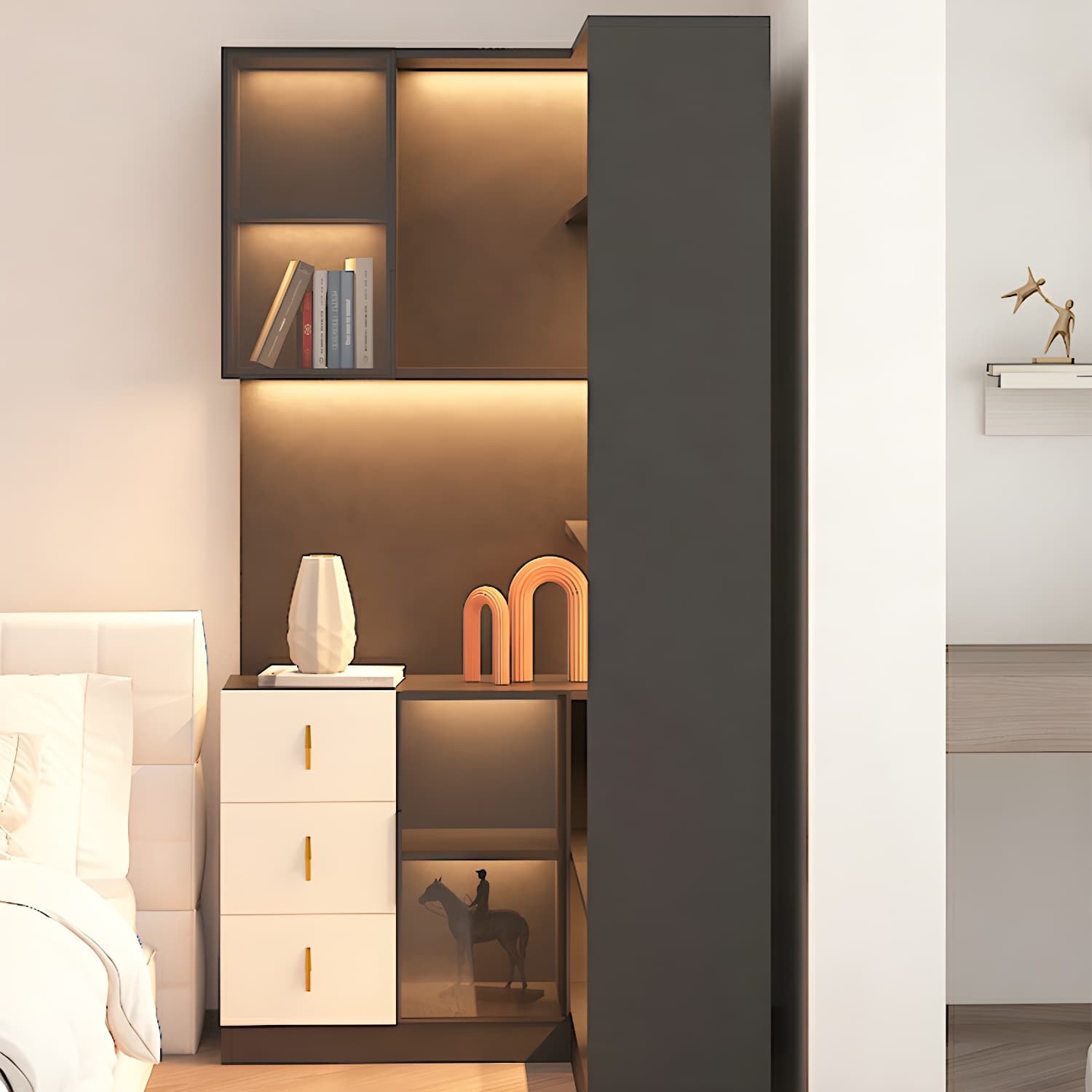 Corner Modern Accent Cabinet with Wood Counter Top, Glass Doors, Drawers, and Adjustable Shelves thumbnail 5