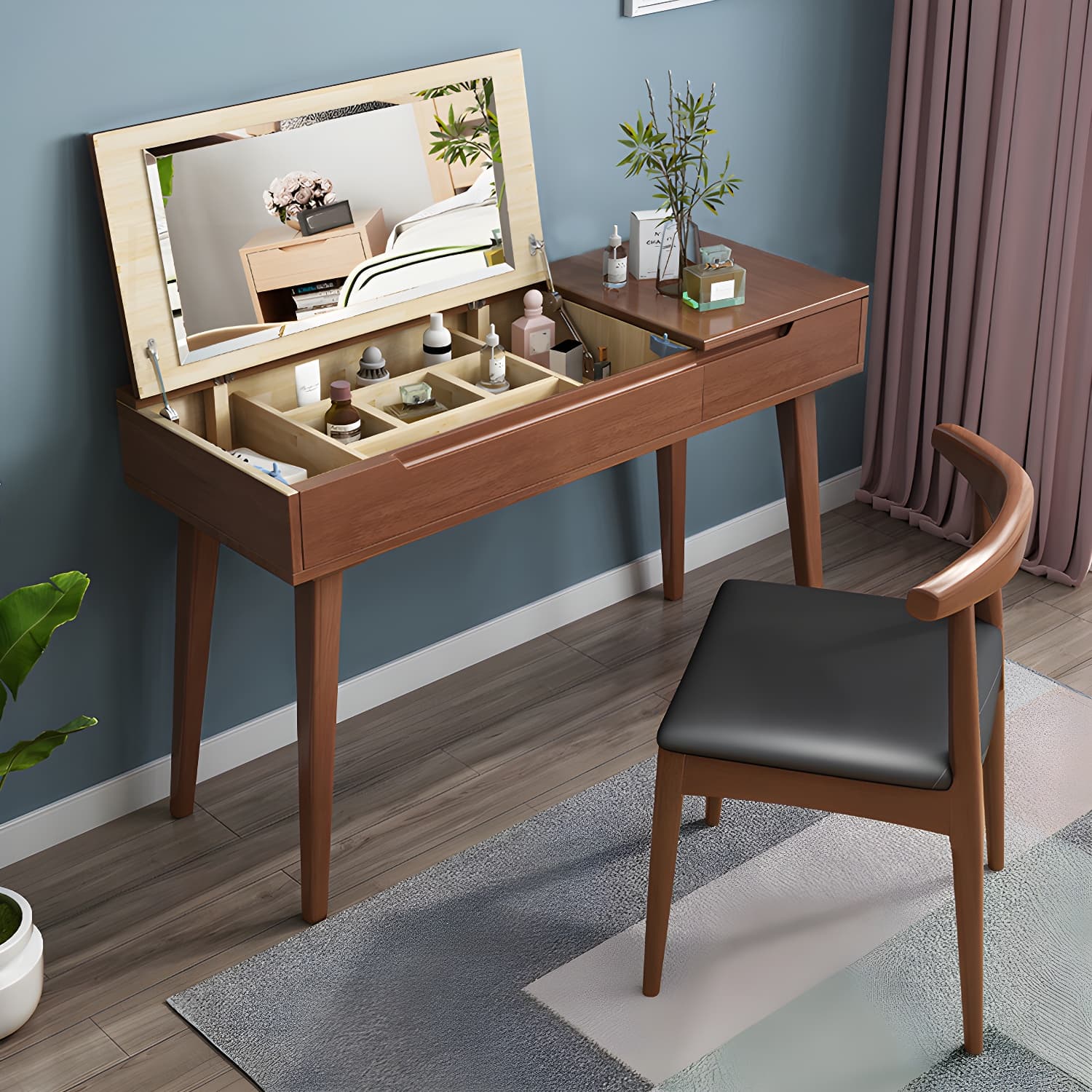 Scandinavian Solid Wood Vanity Makeup Table Set 1 Drawer Flip-Top Dressing Table thumbnail 5