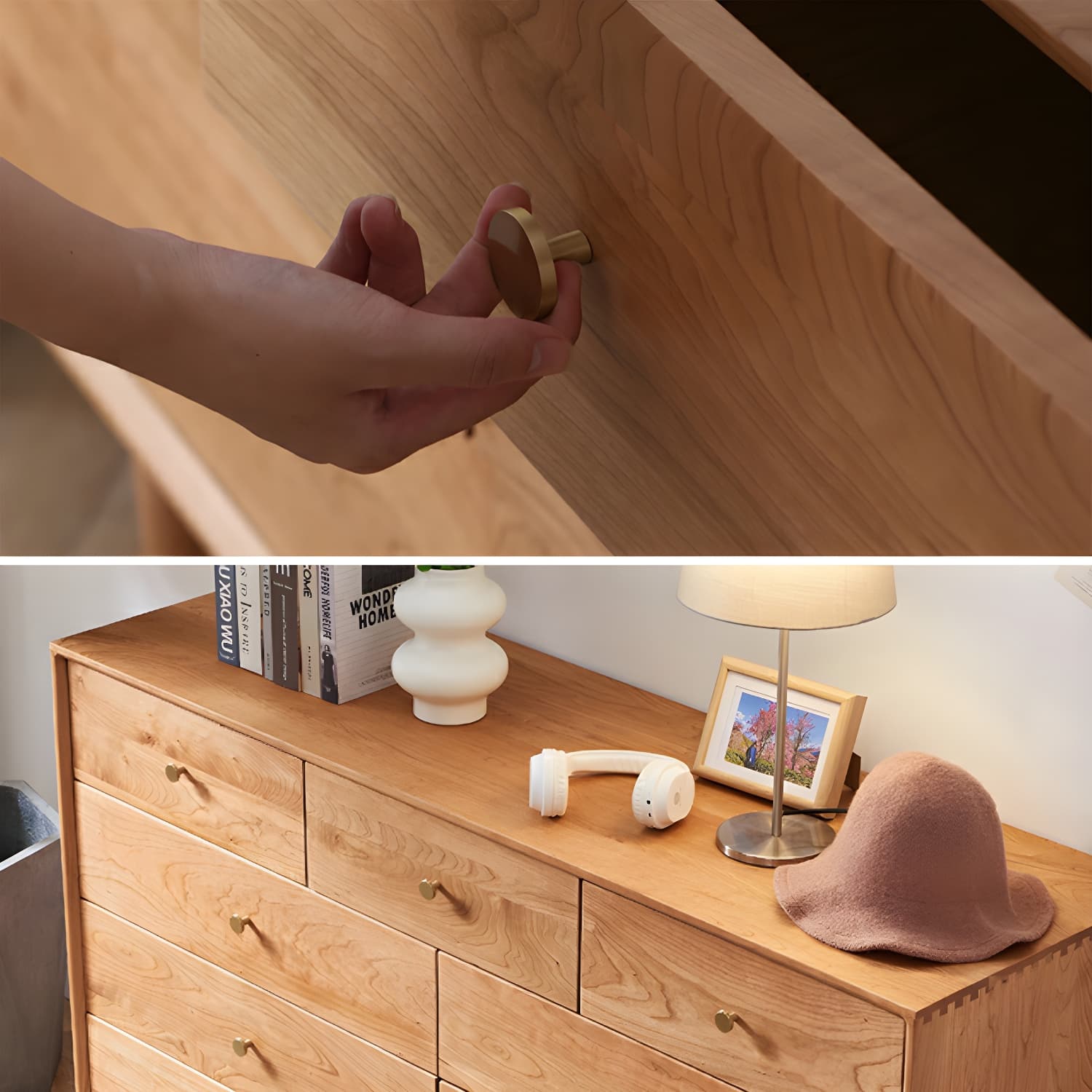 Modern Brown Wood Dresser with Drawers and Gold Metal Handles thumbnail 8