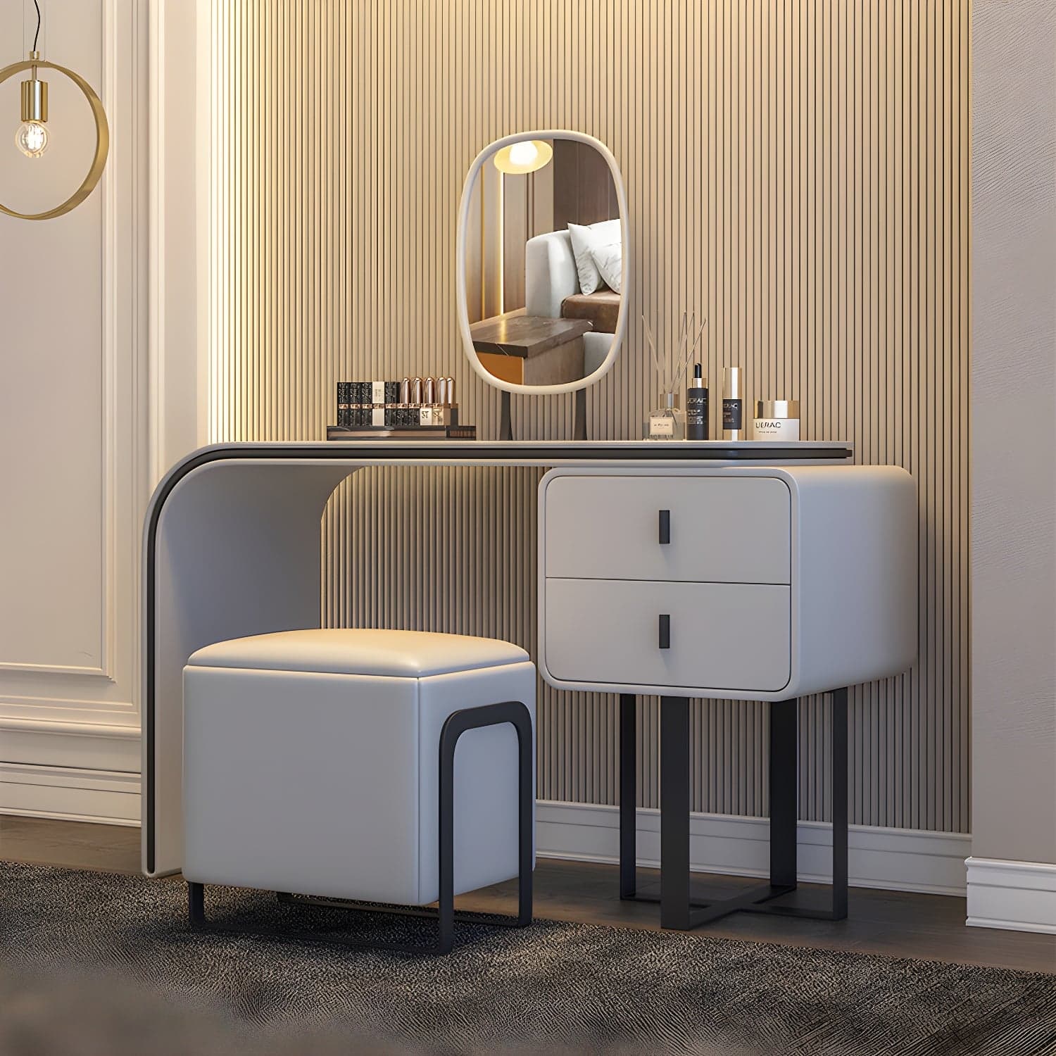 Glam Vanity Set With Drawer Leather Mirror Bedroom Make-up Vanity thumbnail 2