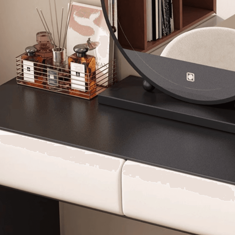 Simplistic Large Vanity Set with Lumber Table Top, Cream Seat, 5 Drawers, and Mirror Lights thumbnail 4