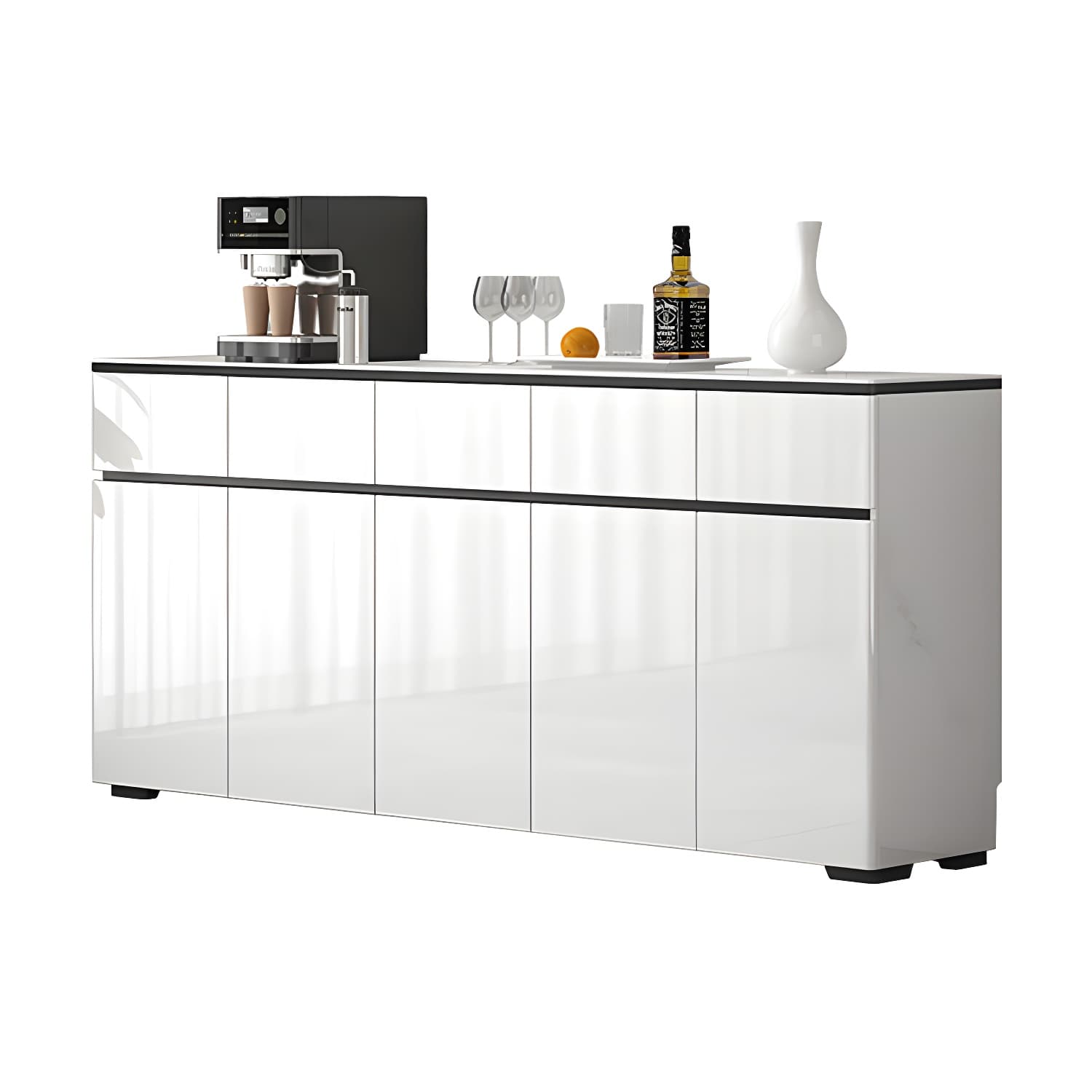 Modern White Sideboard with Glass Countertop, Cabinets, and Drawers thumbnail 5