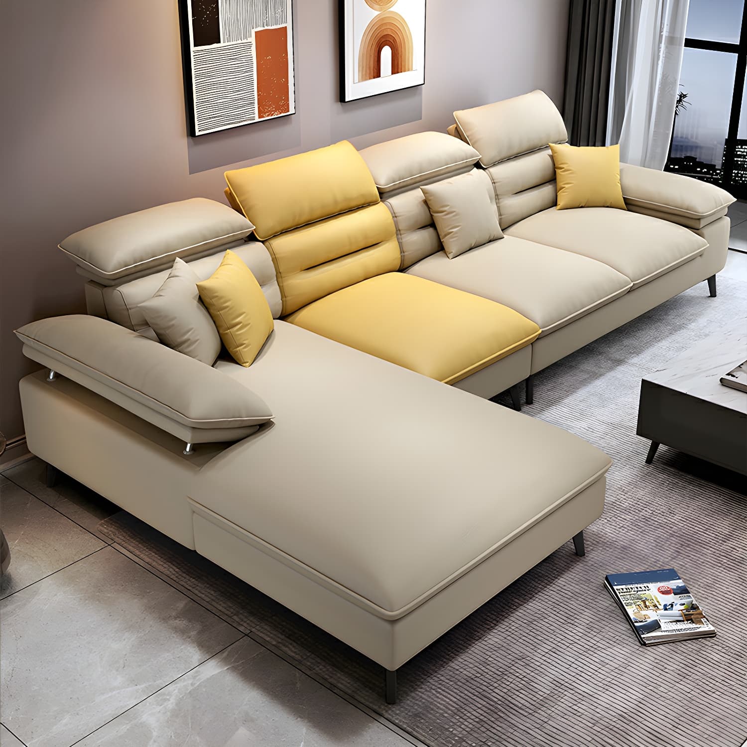 Modern L-Shape Sofa Chaise in Tech Cloth with Stationary Design and 3 Piece Set thumbnail 3