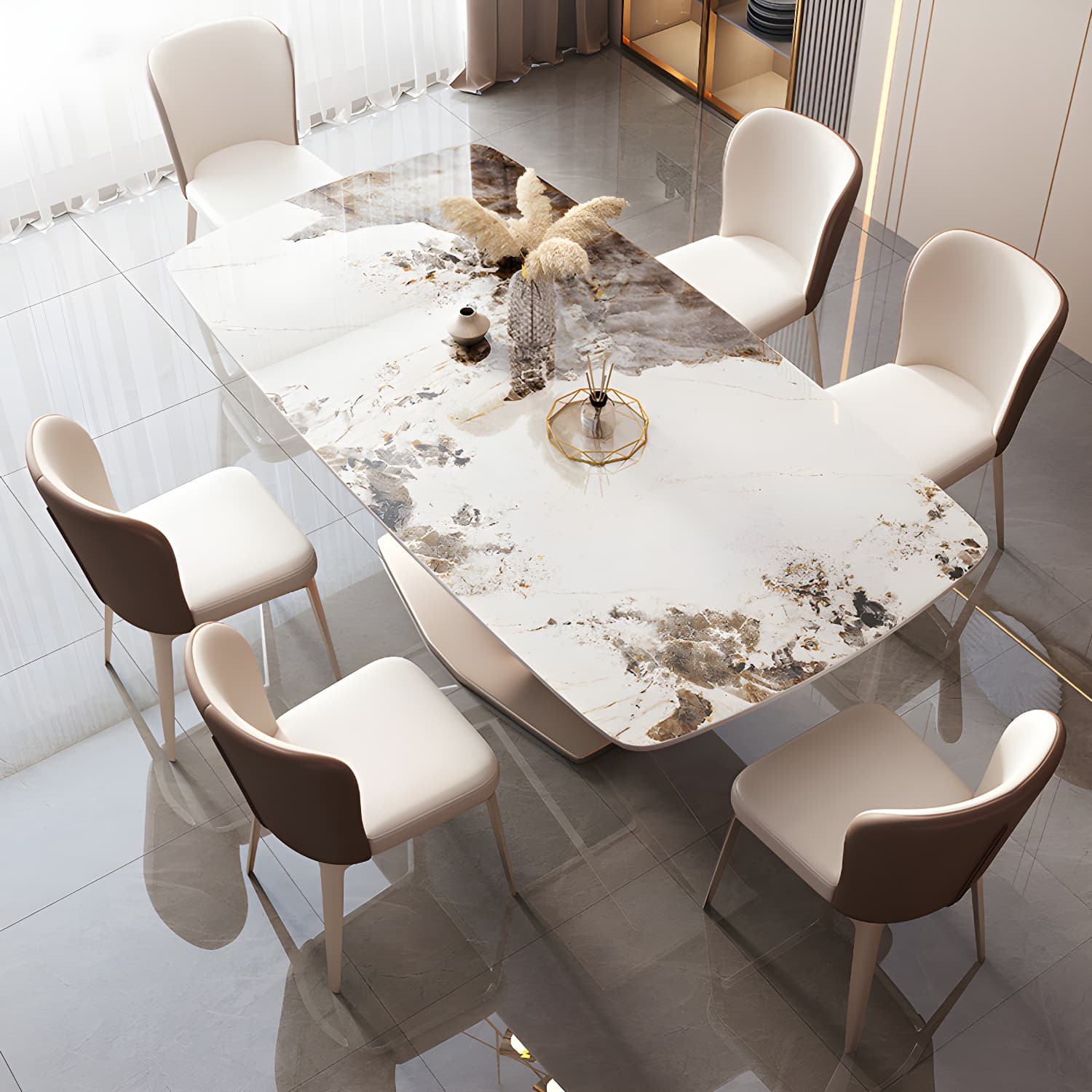 Modern Sintered Stone Top Dining Set Rectangle 1/2/5/7 Pieces Dinette Table Set in Gold thumbnail 4