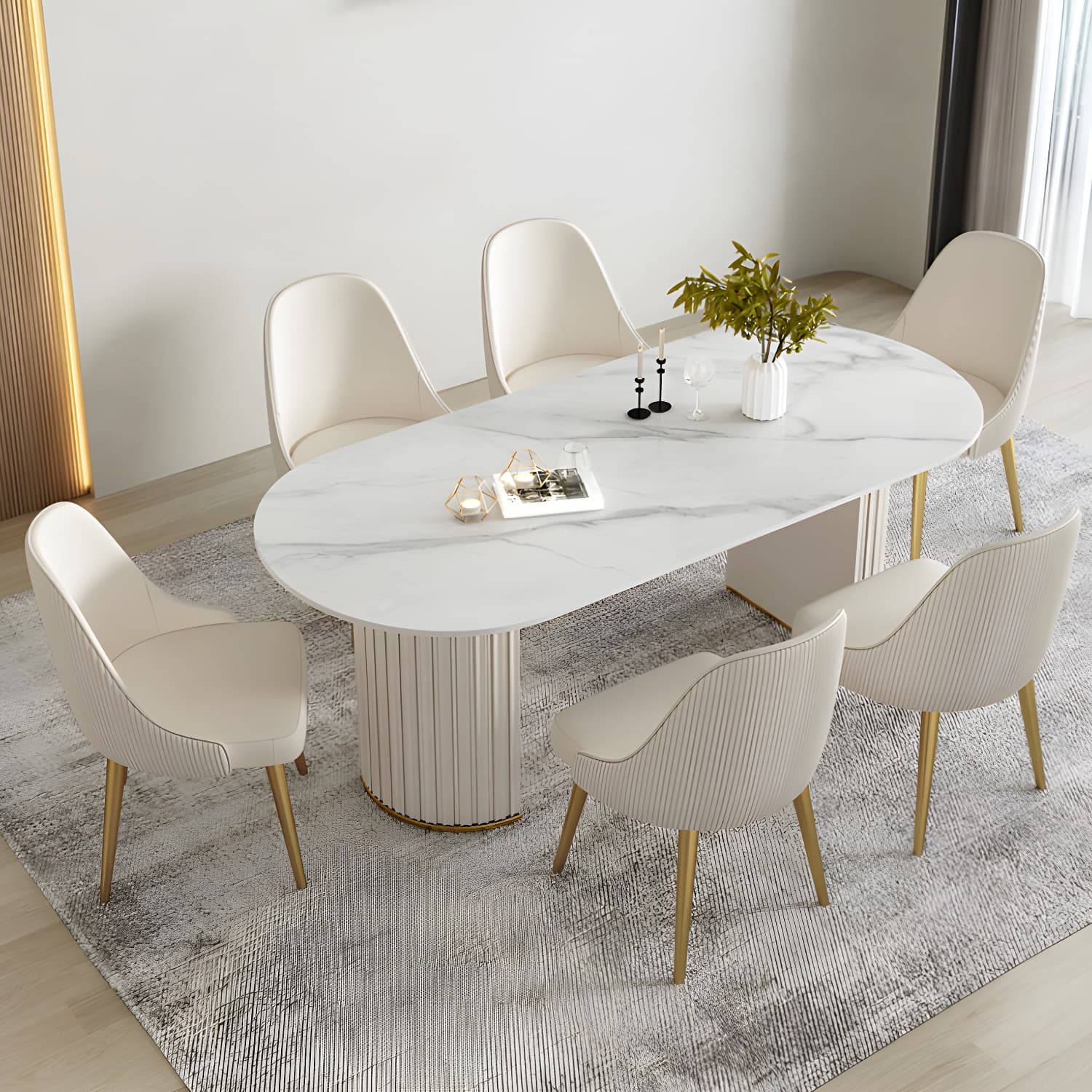 Glam White Sintered Stone Dining Table Set Oval 1/2/5/7 Pieces Dining Set for Home Use thumbnail 2