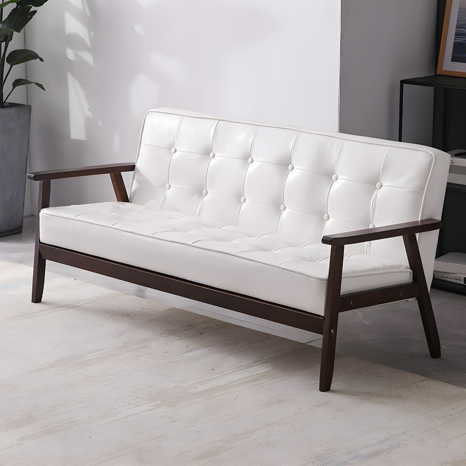 Mid-Century Modern Pine Wood Sofa with Tufted Back and Single Cushion Design thumbnail 22