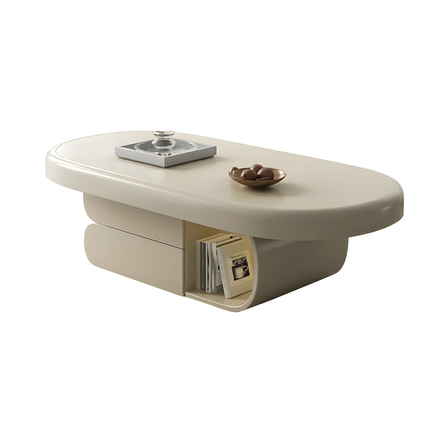 Modern Oval White Coffee Table with Storage, Shelves, and Drawers