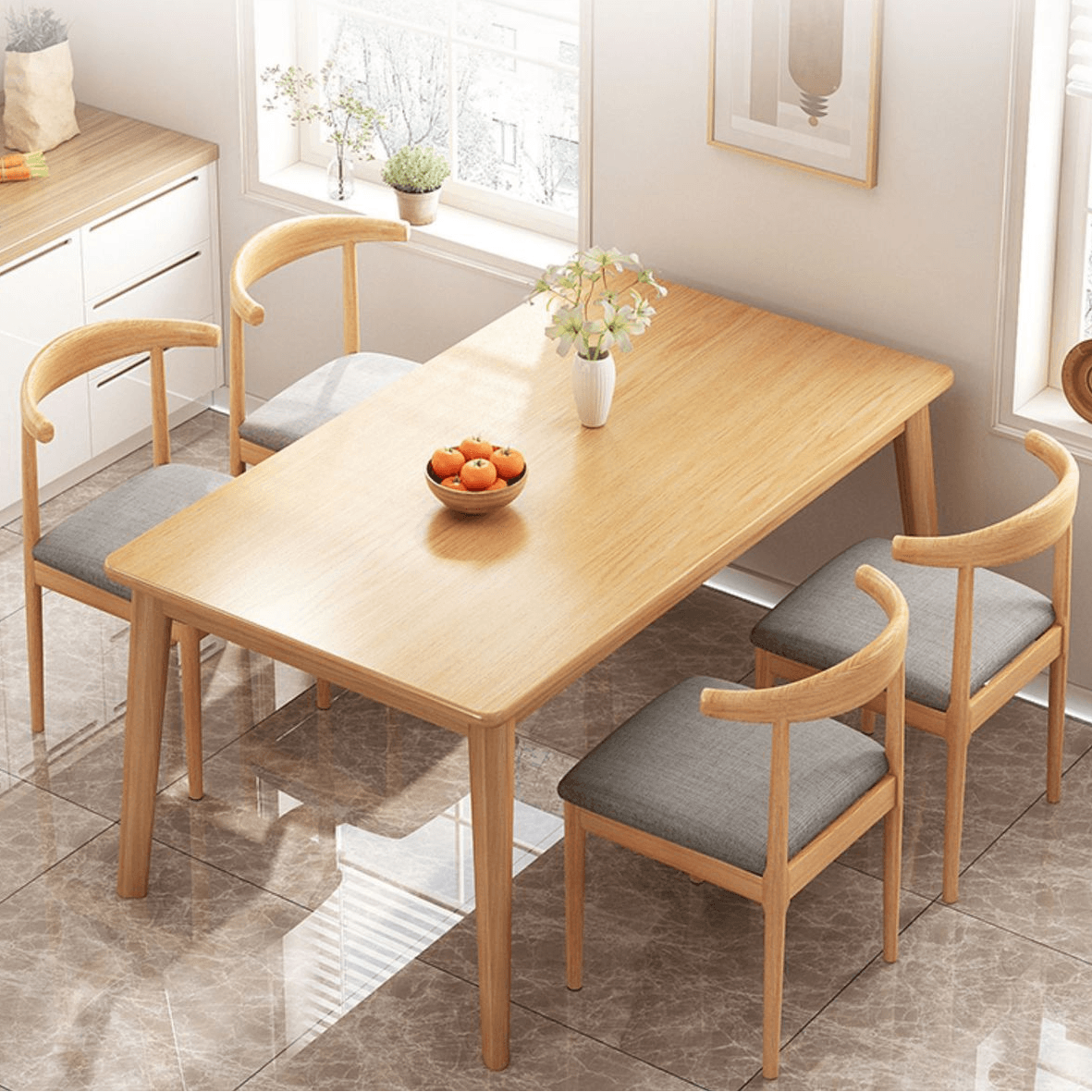 Dining Table Set with Rectangular Recycled Wood Top, 4 Legs, Fixed Table, Padded Chair with Back, Available in 5-piece/7 Piece Set/3 Pieces thumbnail 5