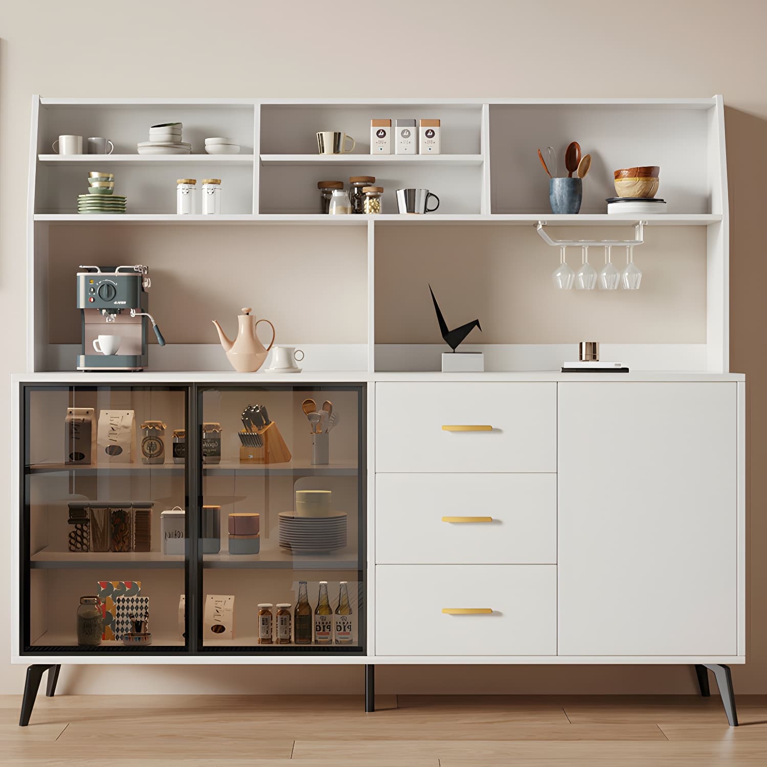Glass Door Modern Wooden Kitchen Sideboard with Adjustable Shelving thumbnail 16