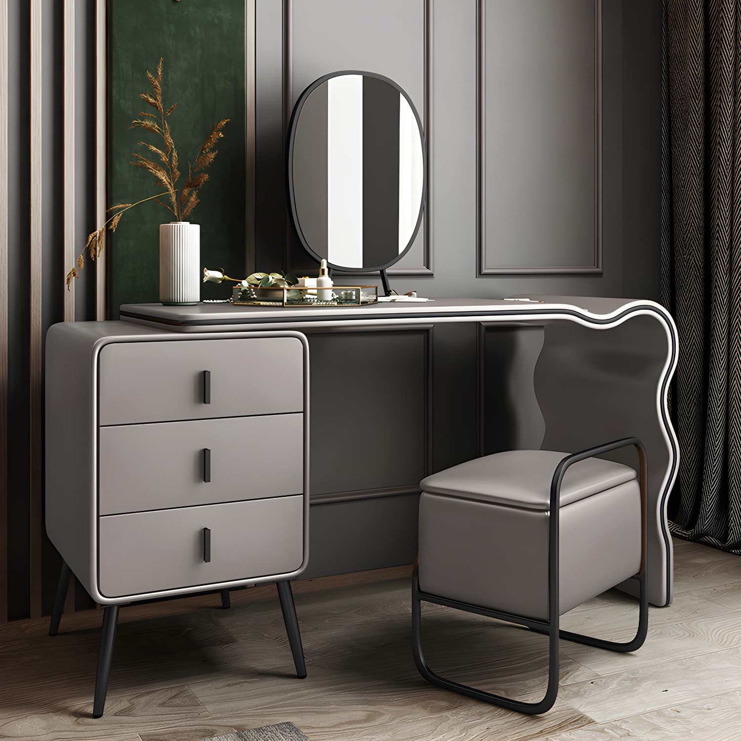 3 Drawers Make-up Vanity Set, 28.74" H Leather Vanity with Stool & Mirror thumbnail 11
