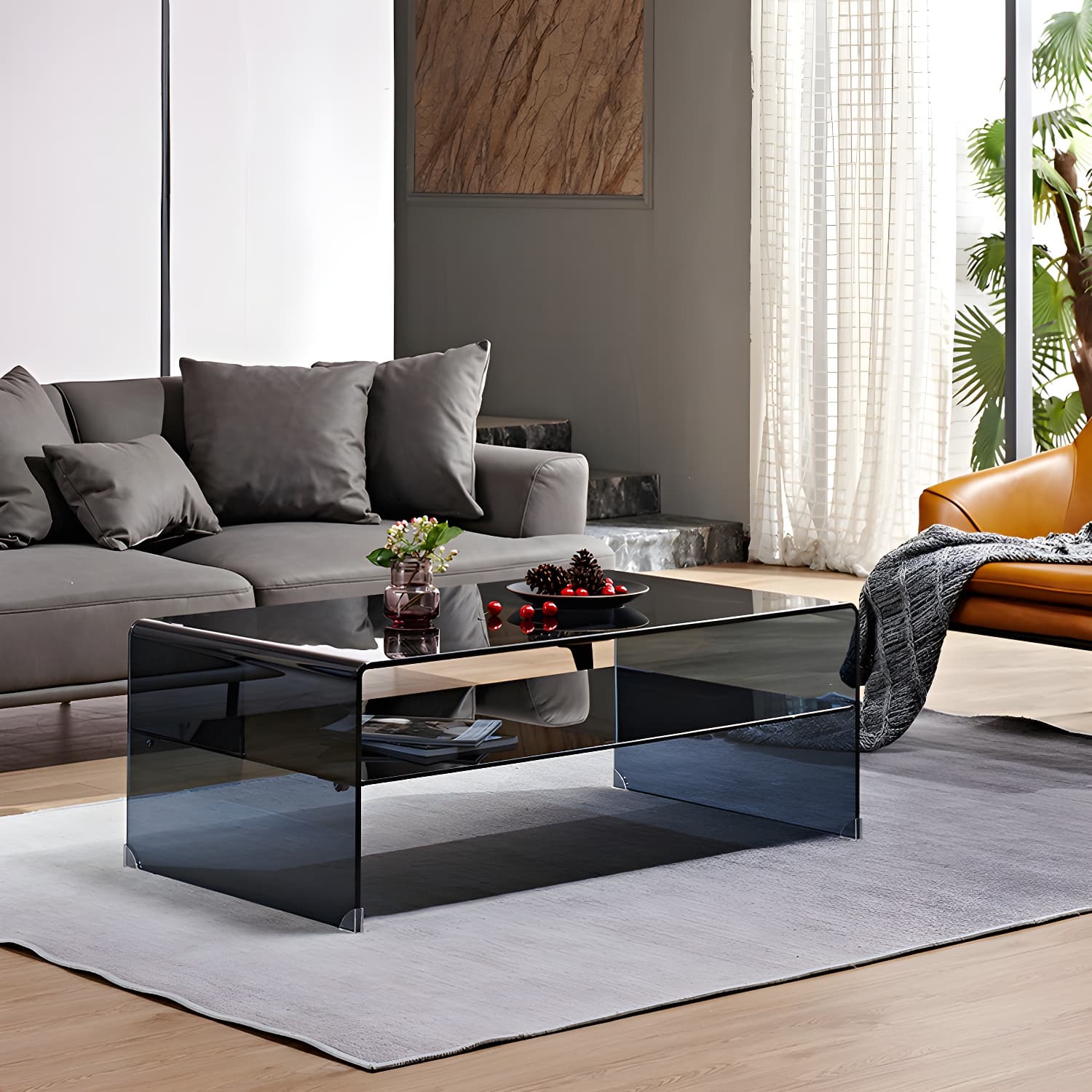 15.7"H Modern Sled Base White/black Glass Square Coffee Table with Shelf thumbnail 3