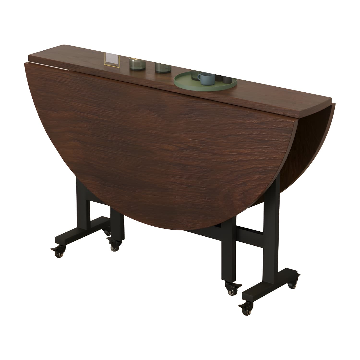 Modern Foldable Manufactured Wood Round Top Dining Table with Movable Steel Black Trestle thumbnail 14