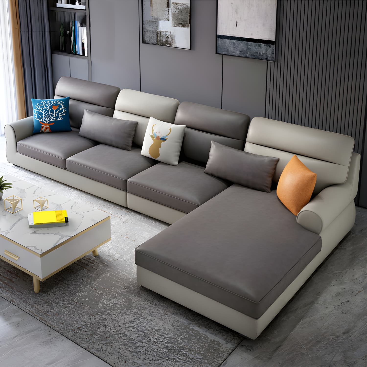 Large Modern L-Shape Stationary Wood Sectional Sofa with Round Arm and Cushion Back thumbnail 20