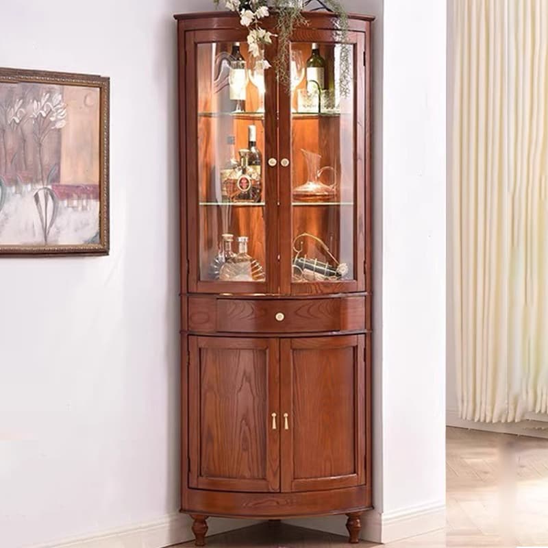 Corner Accent Cabinet with Storage Drawer, Closet, Glazed Door, Cabinet Knobs, Brown Top, and LED Lighting thumbnail 2