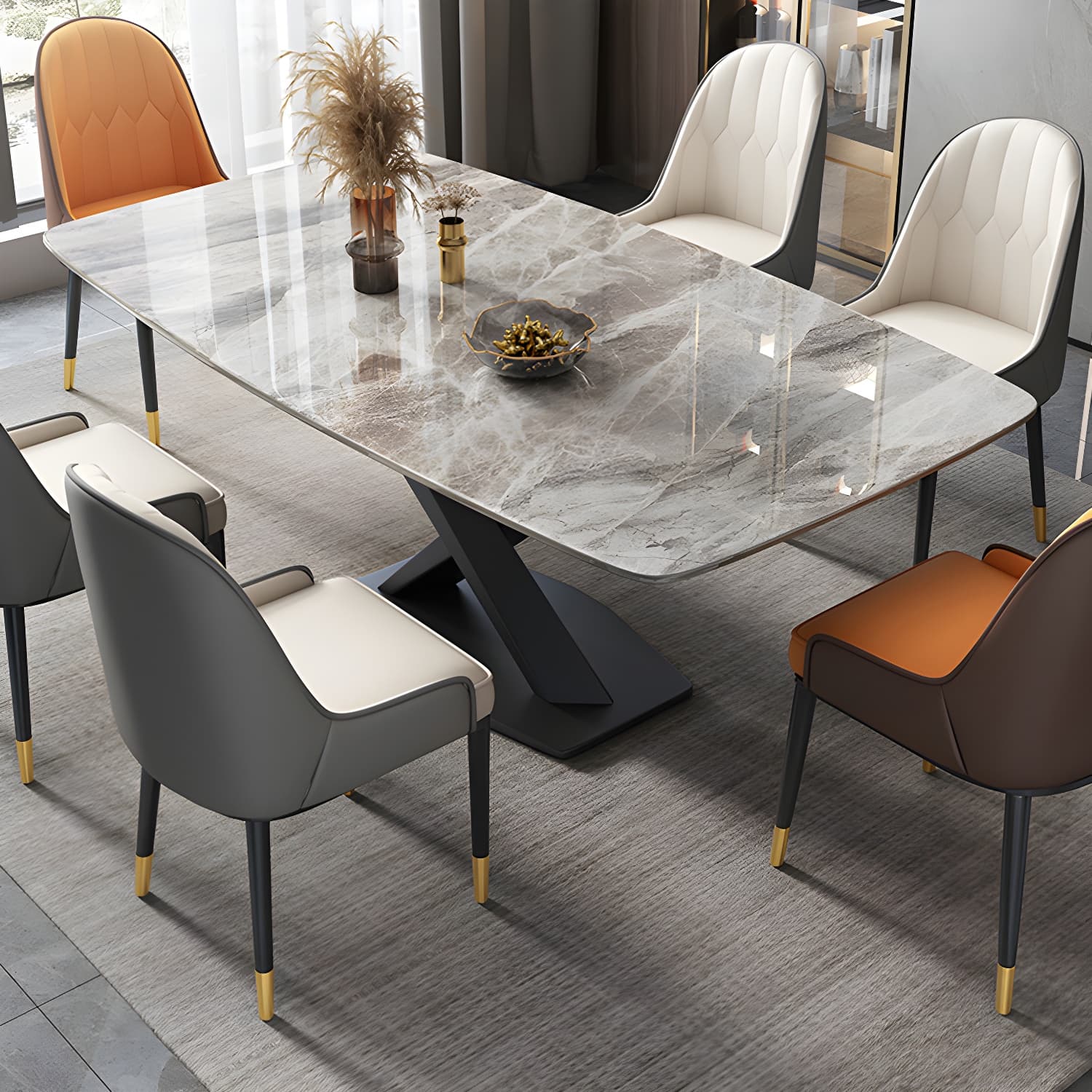 Modern 5/7-Piece Dining Set with Upholstered Chairs in Beige and Slate Table Top thumbnail 2