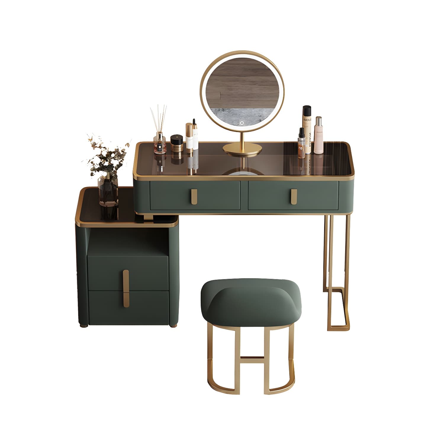 Glass Top Dressing Table Solid Wood Green Make-up Vanity with Drawers thumbnail 10