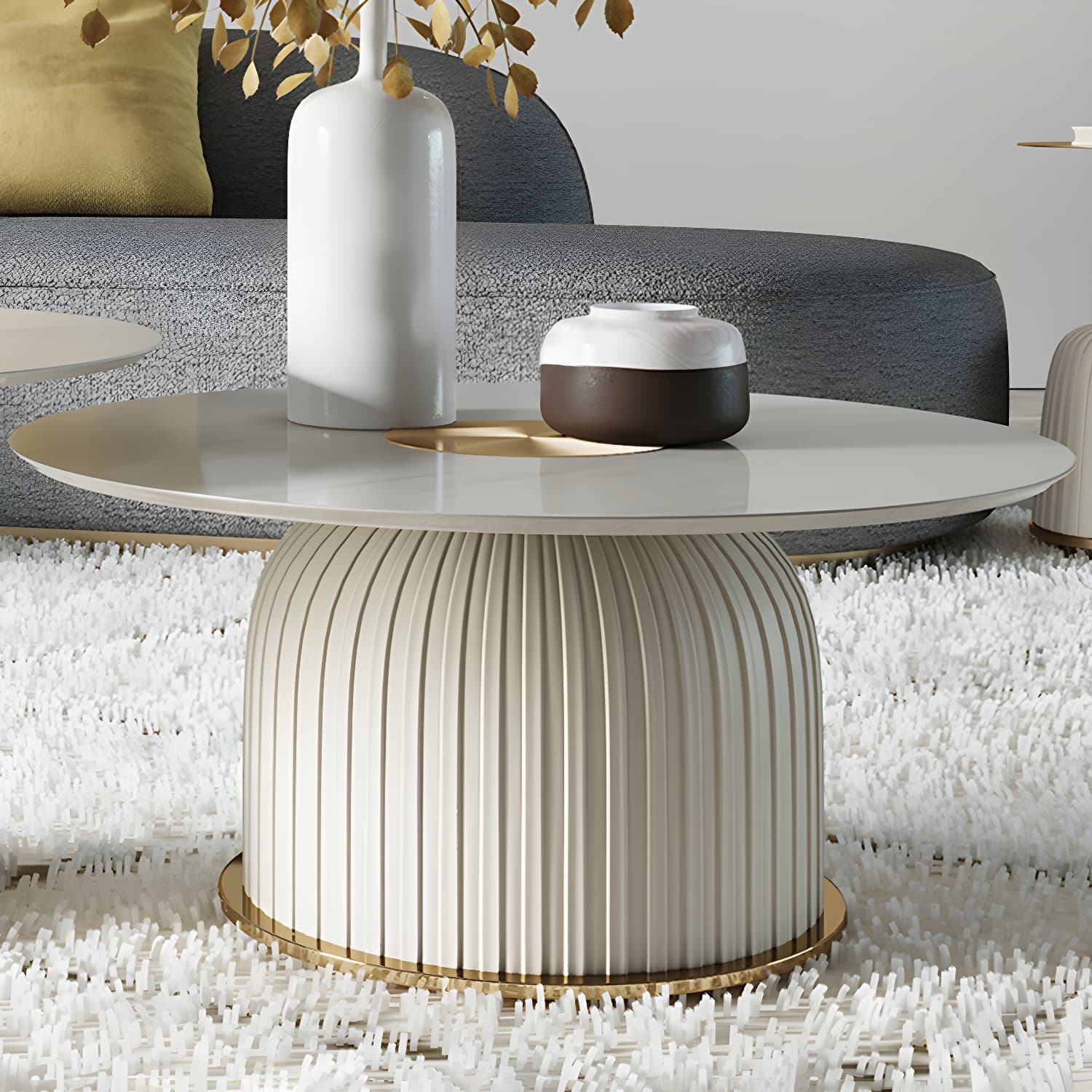 Modern Metal Cocktail Table Round Pedestal Coffee Table - White thumbnail 13