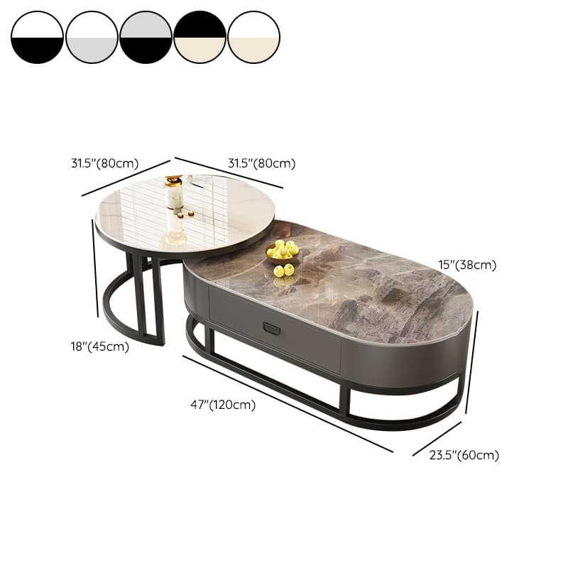 Set of 2 Modern Nesting Stone Coffee Tables with Metal Frame and Drawers thumbnail 18