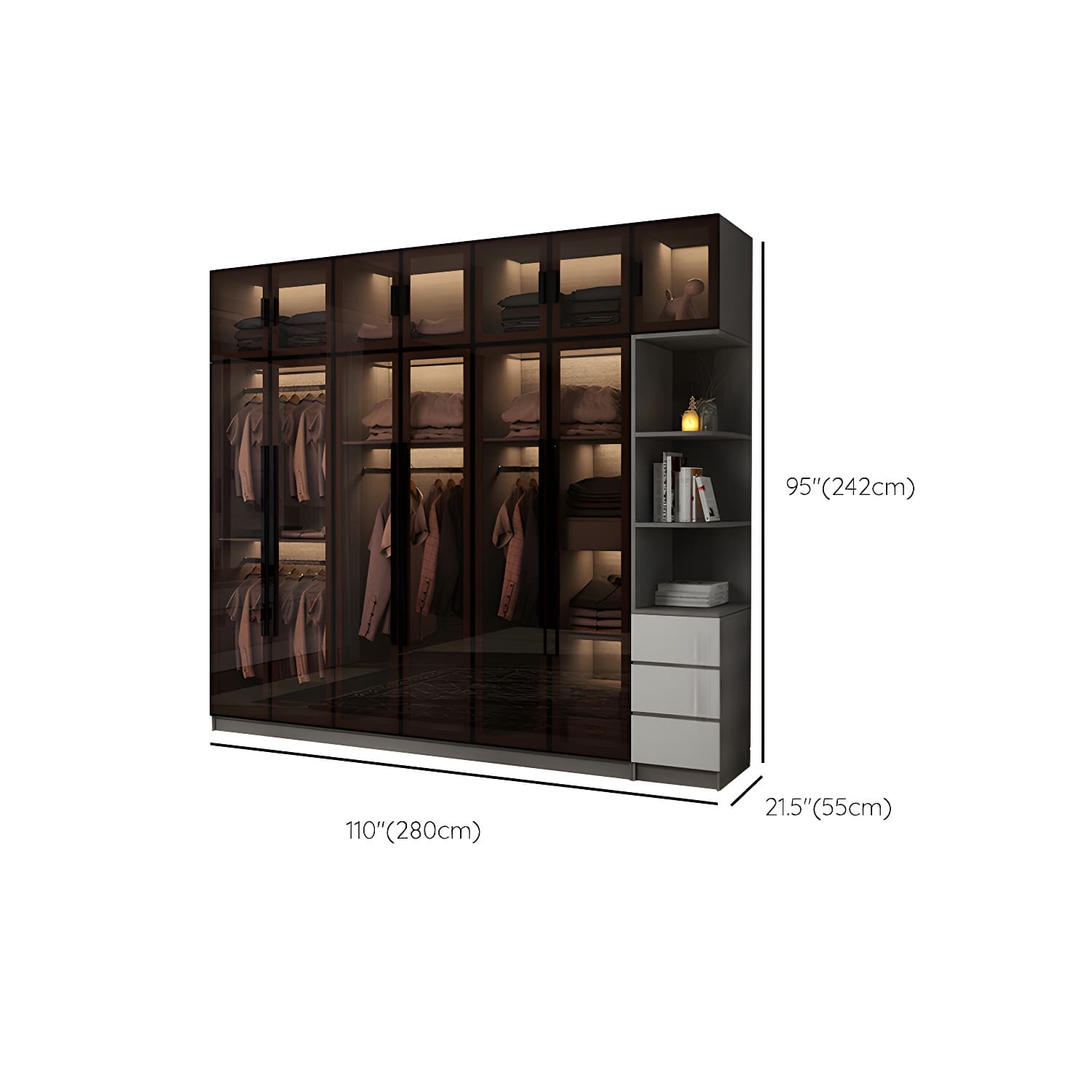 Modern Glass Hinged Doors Wardrobe Armoire Wood Frame Wardrobe with Shelves without Light thumbnail 34