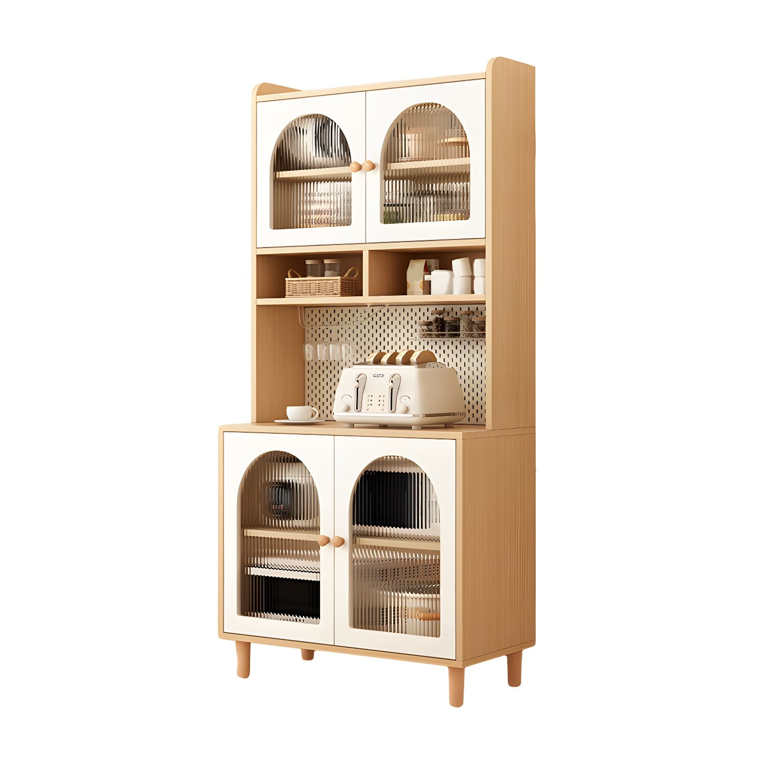 Scandinavian Wood Buffet 3 Cabinet Doors with Glass Interior Shelves thumbnail 2