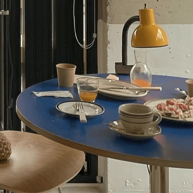 Trendy Orbicular Dining Table with Timber Top, Fixed Table Mechanism in Cerulean/Green/Apricot Color thumbnail 14