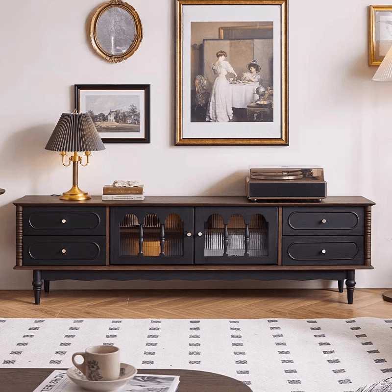 Pecan Art Deco Natural Wood TV Stand with 4 Drawers, Locker, Cable Management, and Adjustable Shelving thumbnail 1