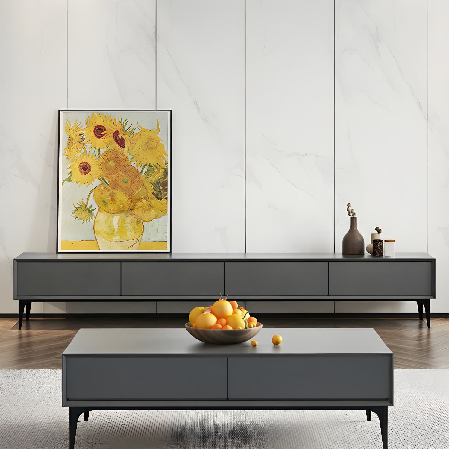 Scandinavian Style Wood TV Stand with Cable Management, Drawers Included - Low Height and With Legs thumbnail 9