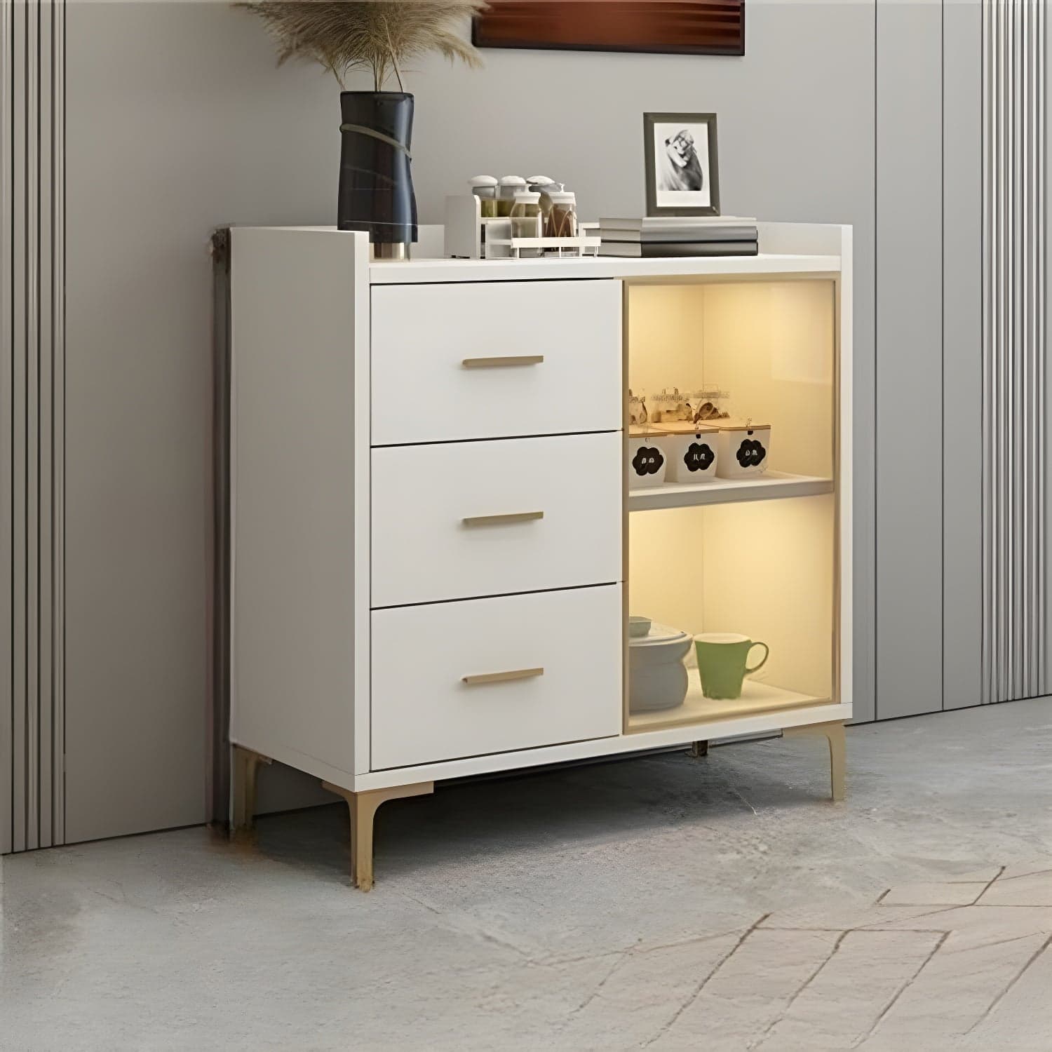 Glam Wood Sideboard with Glass Doors, Lighting Included, and Adjustable Shelves thumbnail 4