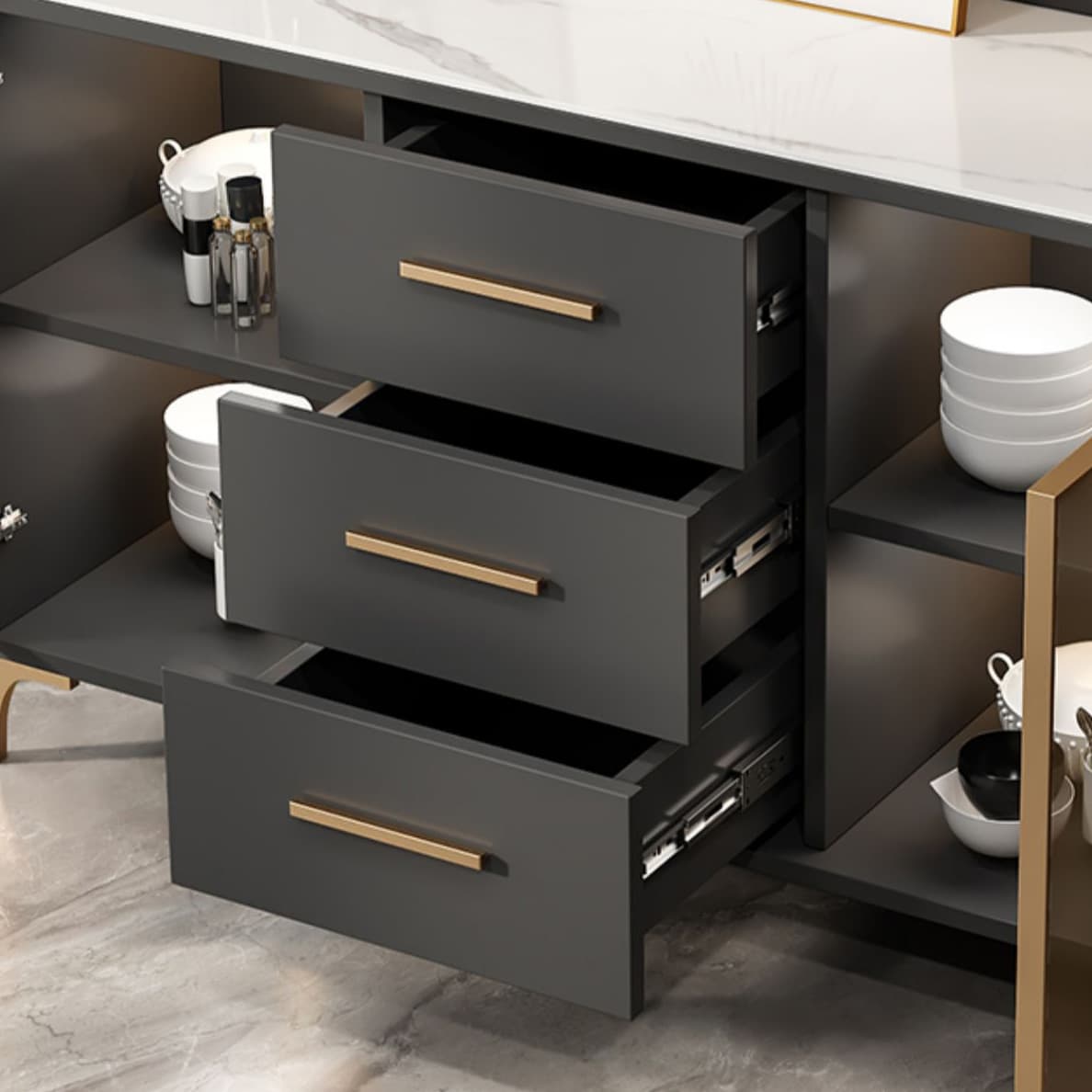Glam Style Sideboard Wood Glass Doors Side Board with Cabinets and Drawers without Light thumbnail 10