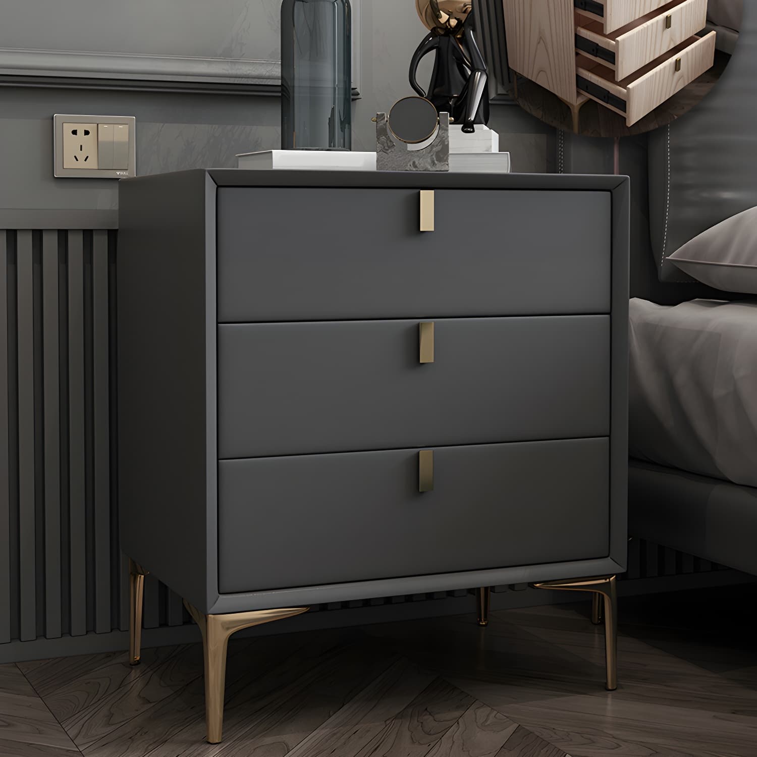 Solid Wood Drawer Storage Night Table 2 Drawer Modern Bed Nightstand thumbnail 3