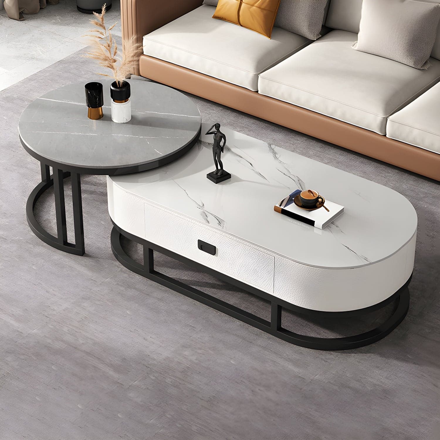 Slate Coffee Table Oval Nesting Coffee Table Set with Metal Legs thumbnail 5
