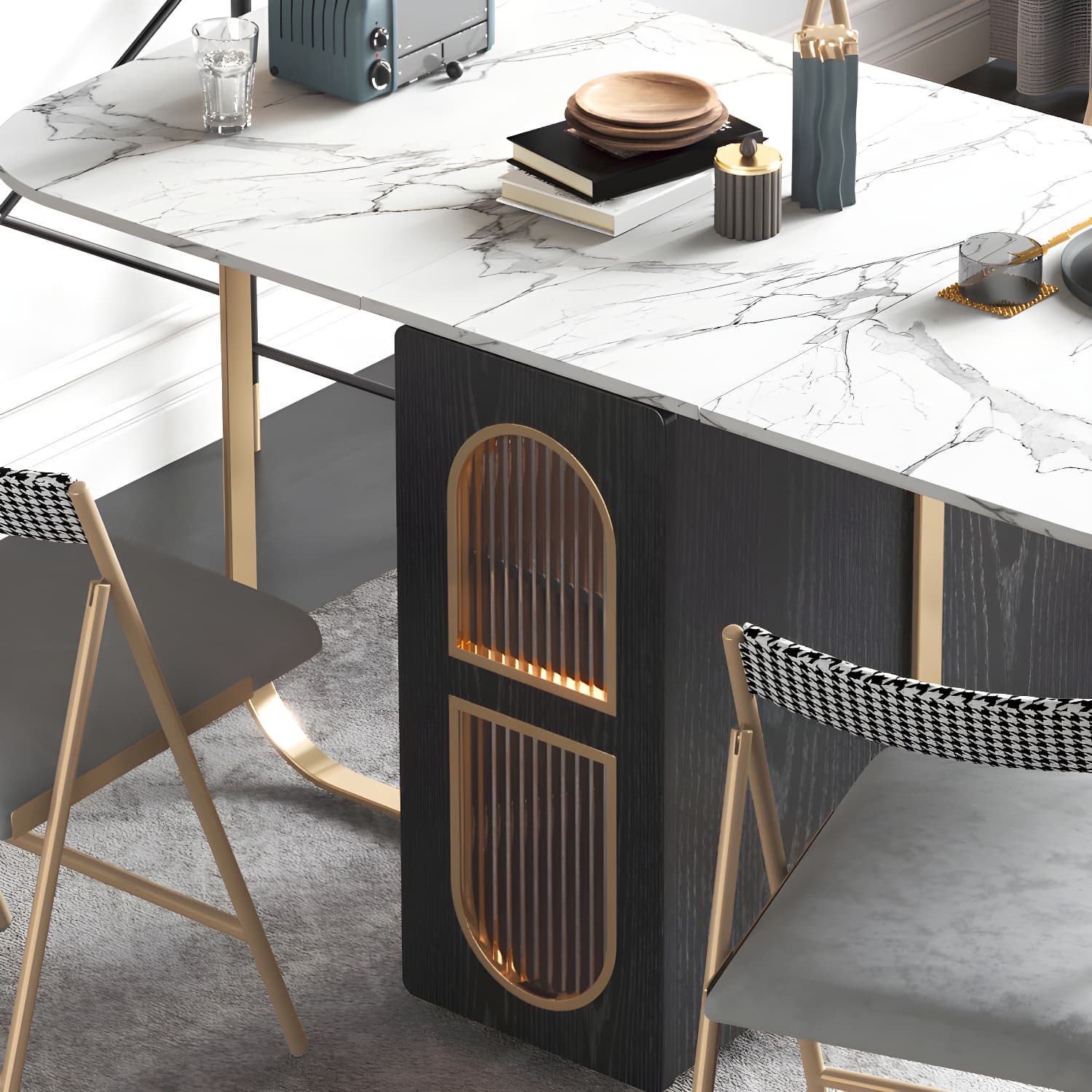 Modern 1/2/3/4/5 Pieces Rectangle Dining Table Set with Stone Top Foldable Dinette Set thumbnail 7