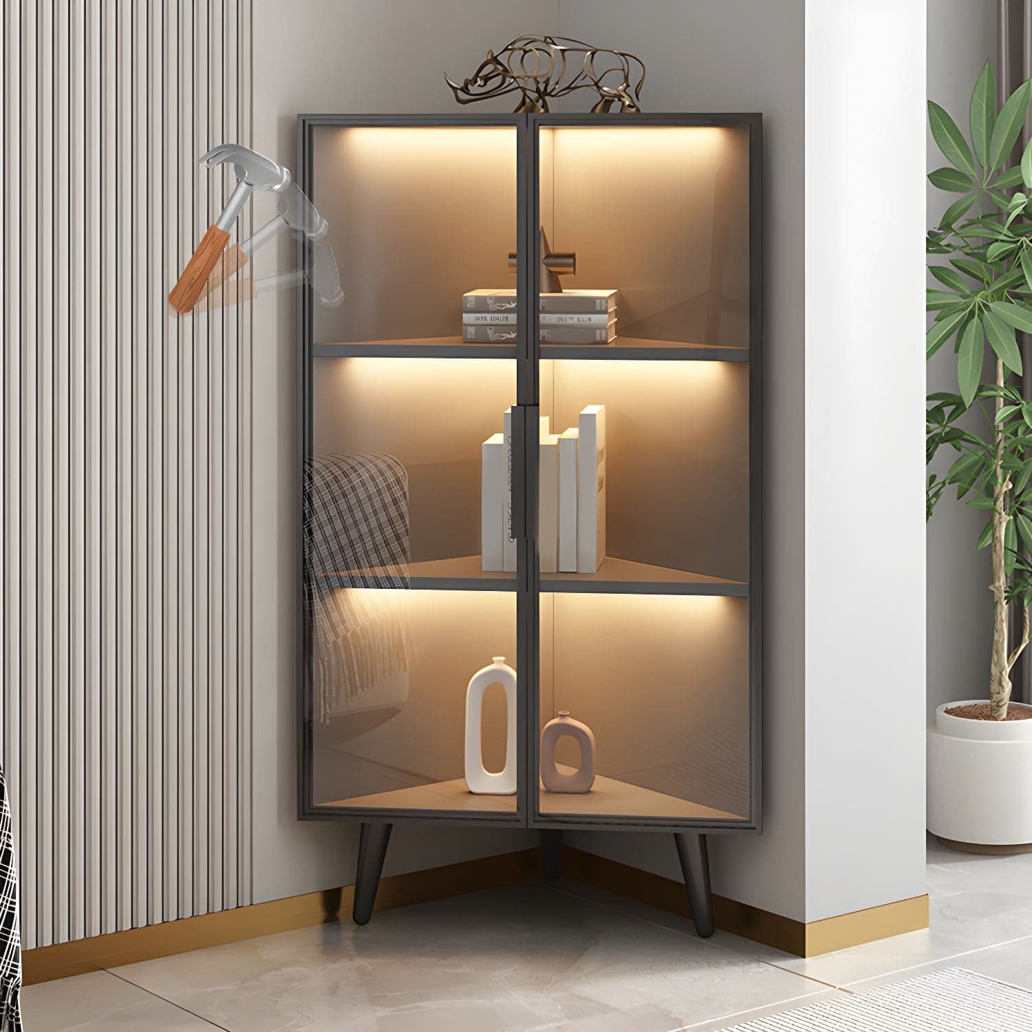 Corner Modern Accent Cabinet with Black Metal Base and Glass Doors, Black Wood Counter Top thumbnail 3