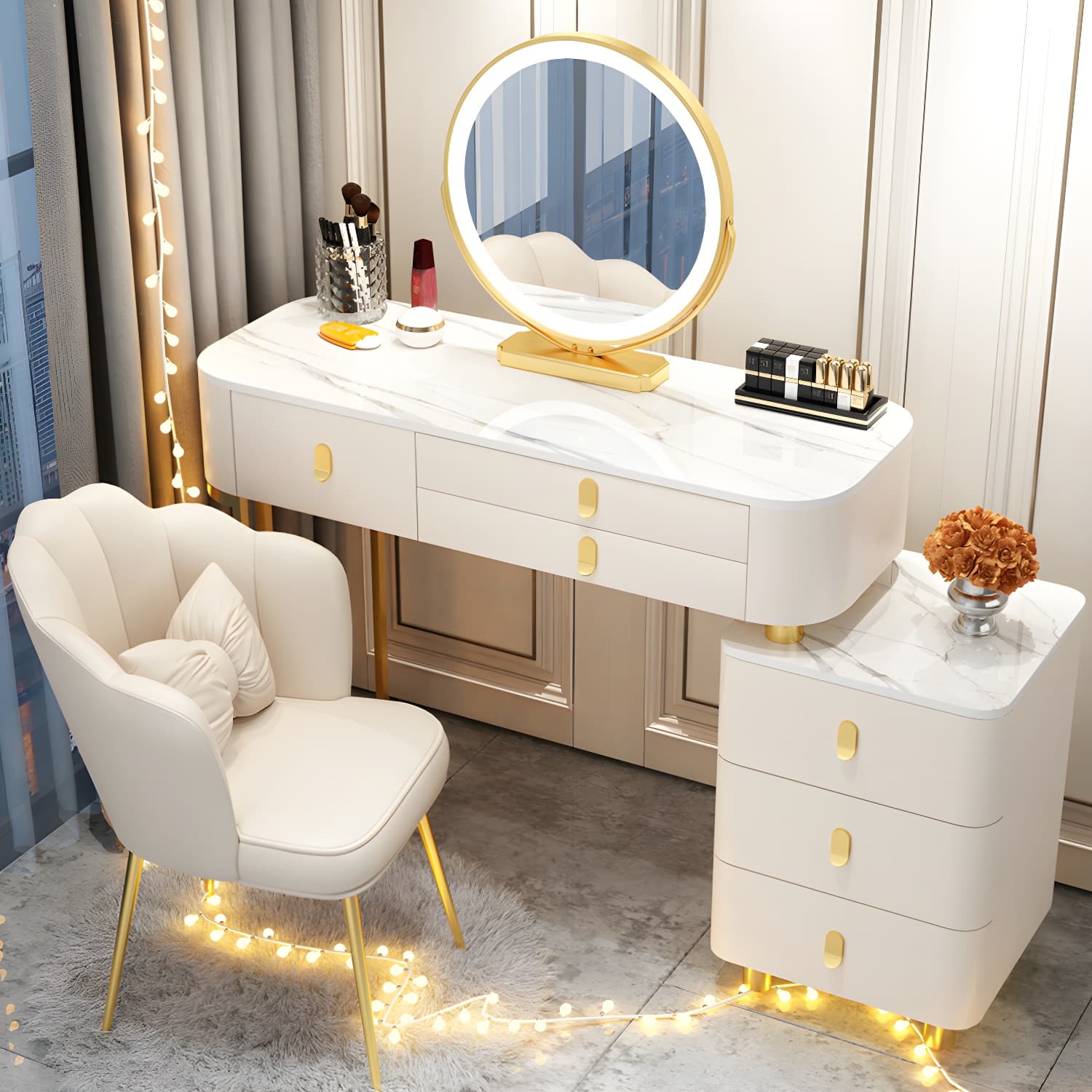 Lighted Mirror Makeup Vanity Desk Storage Box Makeup Vanity Set with Drawer thumbnail 6
