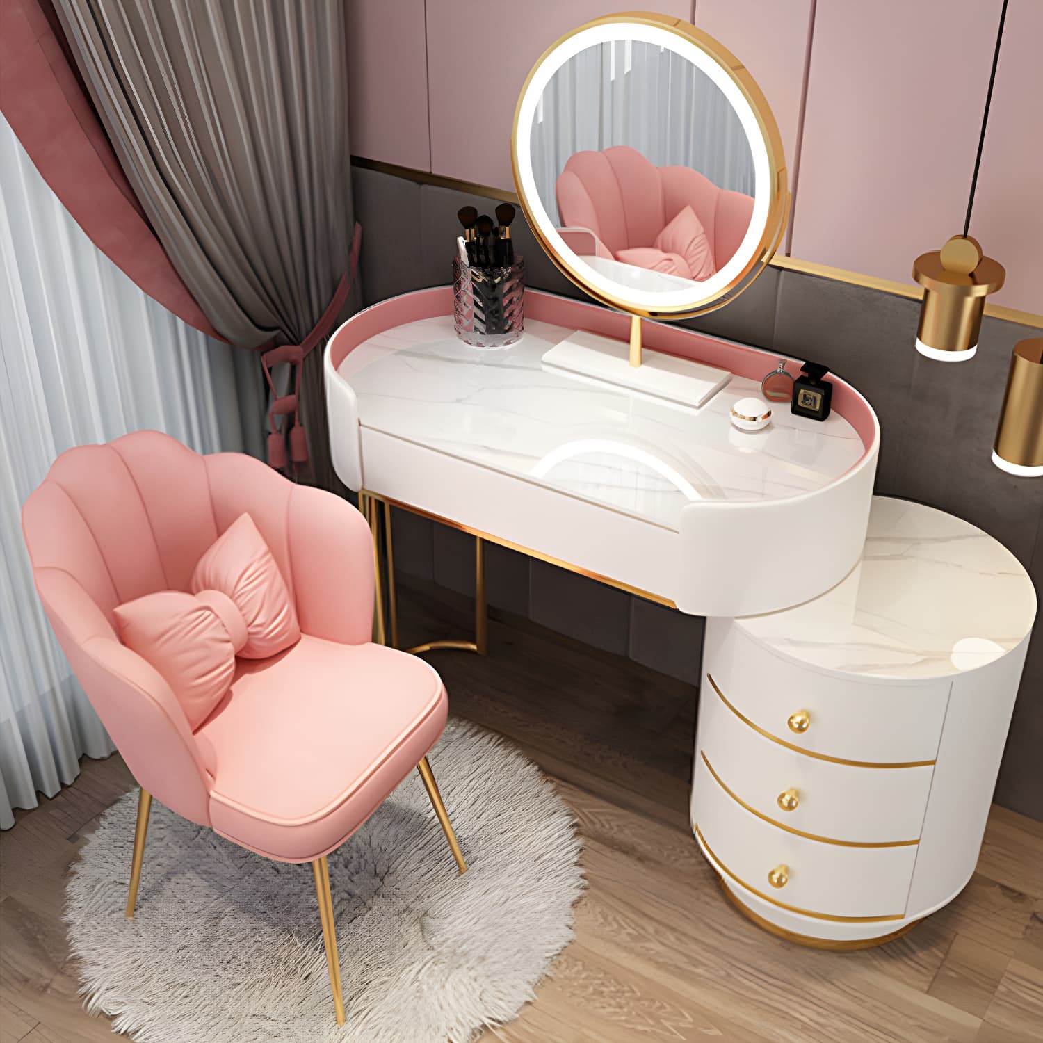 Contemporary Bedroom Metallic Lighted Mirror With Drawer Makeup Vanity Set thumbnail 8
