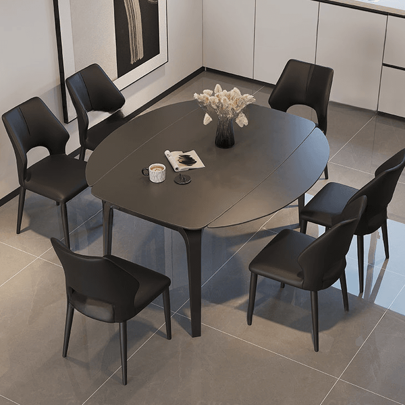 Dining Table Set with Slate Stone Top, Fold-away Leaf, Padded Chair with Back for 6 People in Midnight Black thumbnail 1
