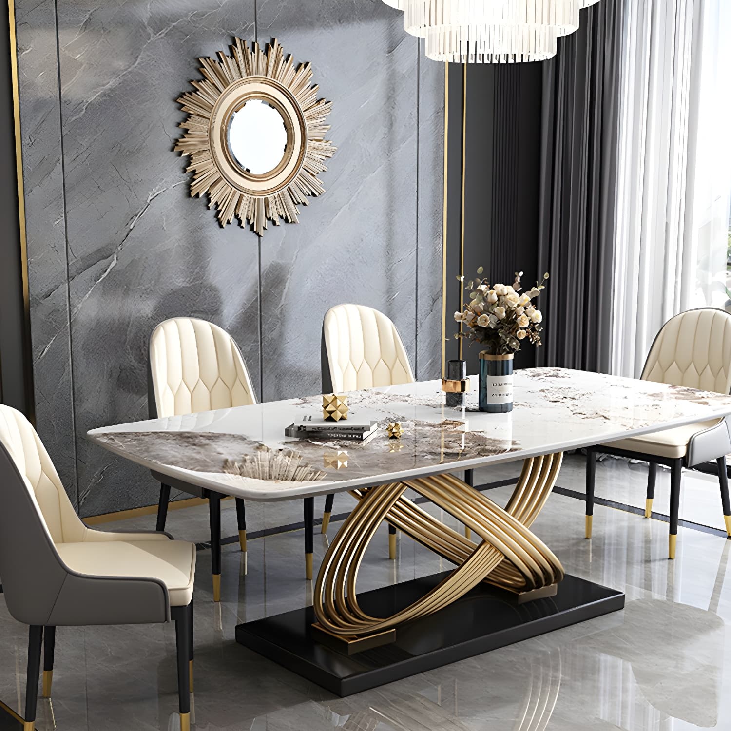 Nordic Glam Rectangle Sintered Stone Table Set 1/4/5/7 Pieces Dining Set thumbnail 3