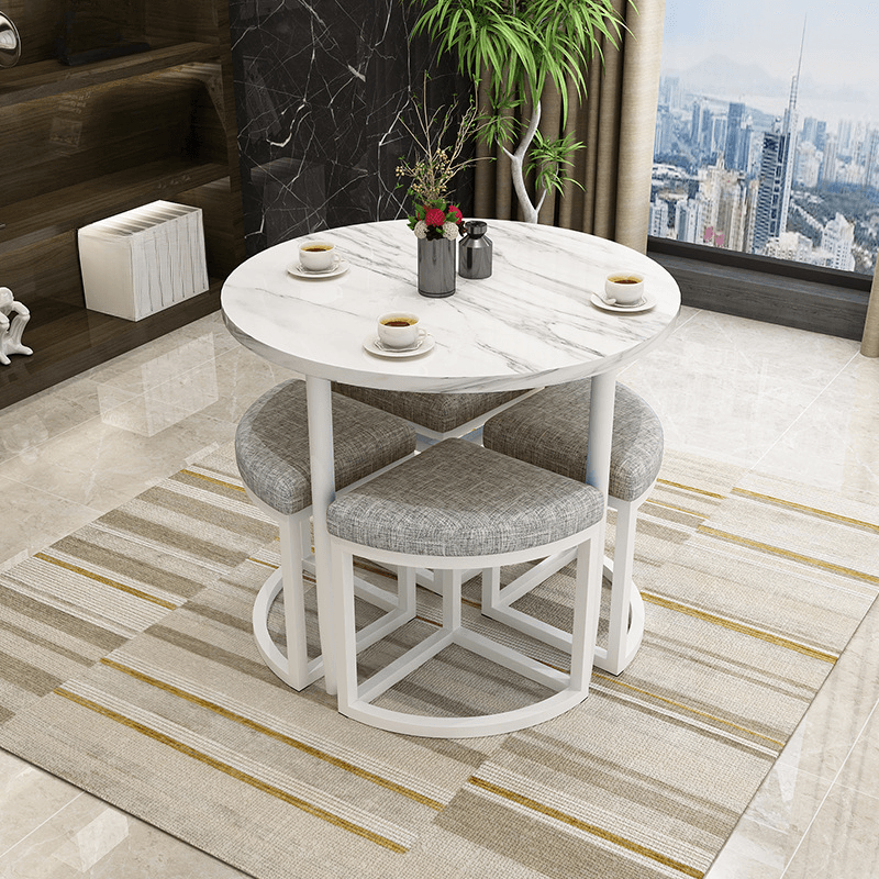 Reclaimed Wood Round Dining Table Set with Metal Toboggan Base and Upholstered Backless Chairs for 4 People thumbnail 30