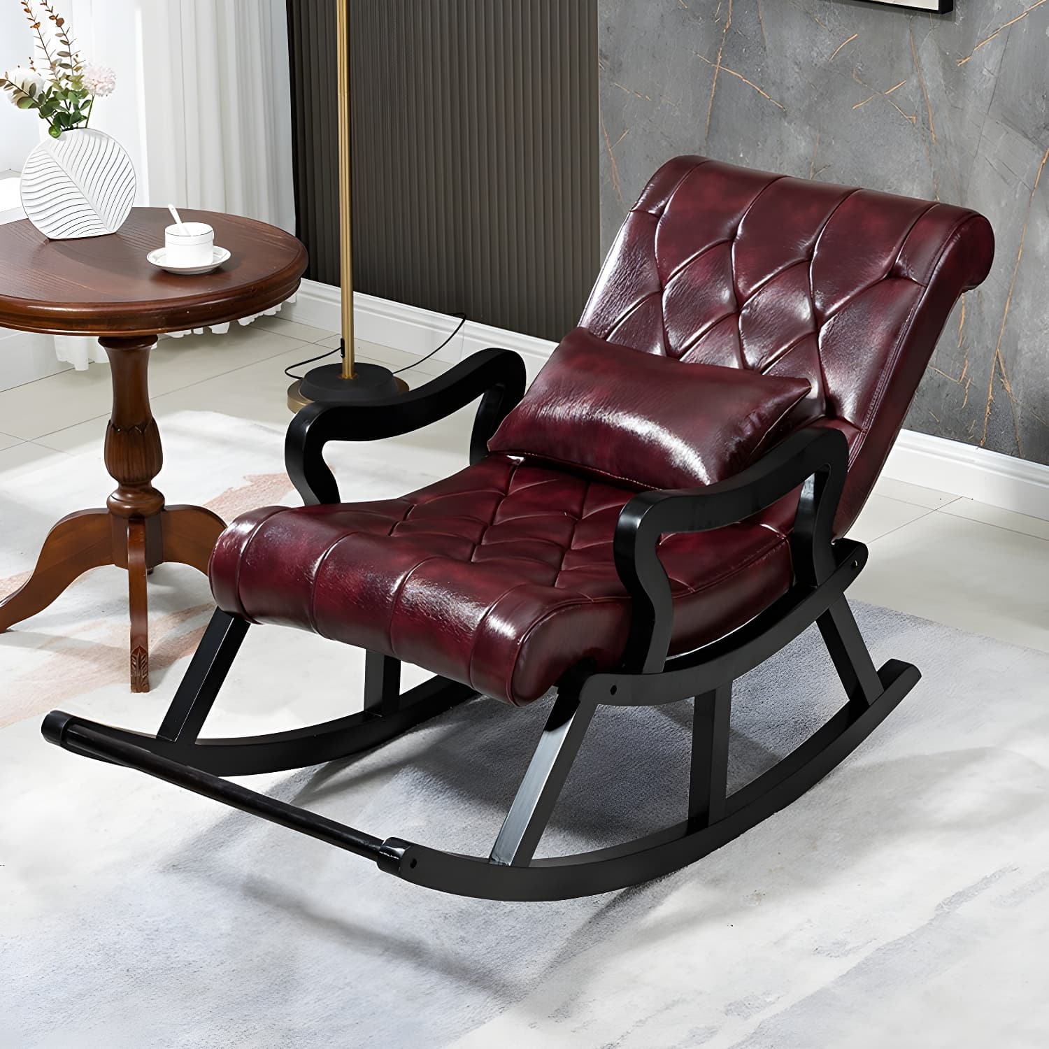 49" Wide Solid Wood Faux Leather Rocking Accent Chair with Legs thumbnail 4
