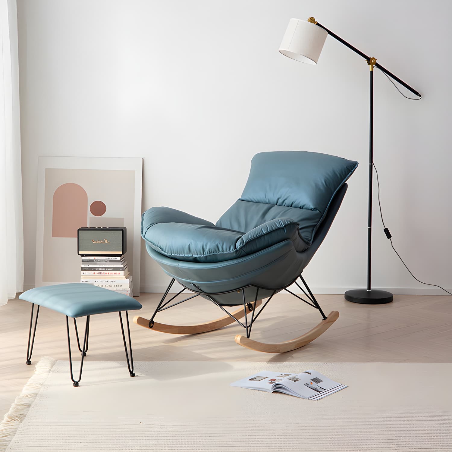 Wing Back Rocking Chair Solid Wood Rocker Chair with Ottoman thumbnail 10