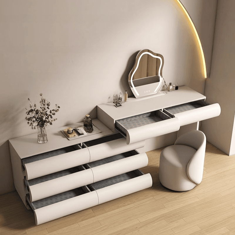 Large Vanity Set with Natural Wood Table Top, White Chair, 8 Drawers, Mirror Lights, and Scalable Design thumbnail 3