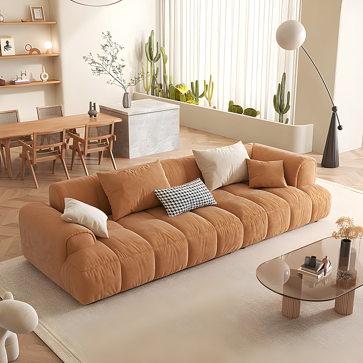 Velvet Round Arm Sectionals 24.8"High Tight Back Sofa with 4 Pillows thumbnail 4