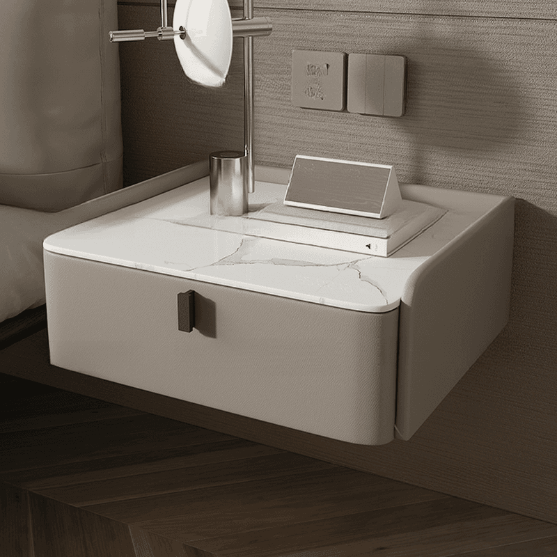 Organic Modern Bedside Cabinet Nightstand with 1 Drawer, Stone Countertop, and Hanging Shelf thumbnail 8