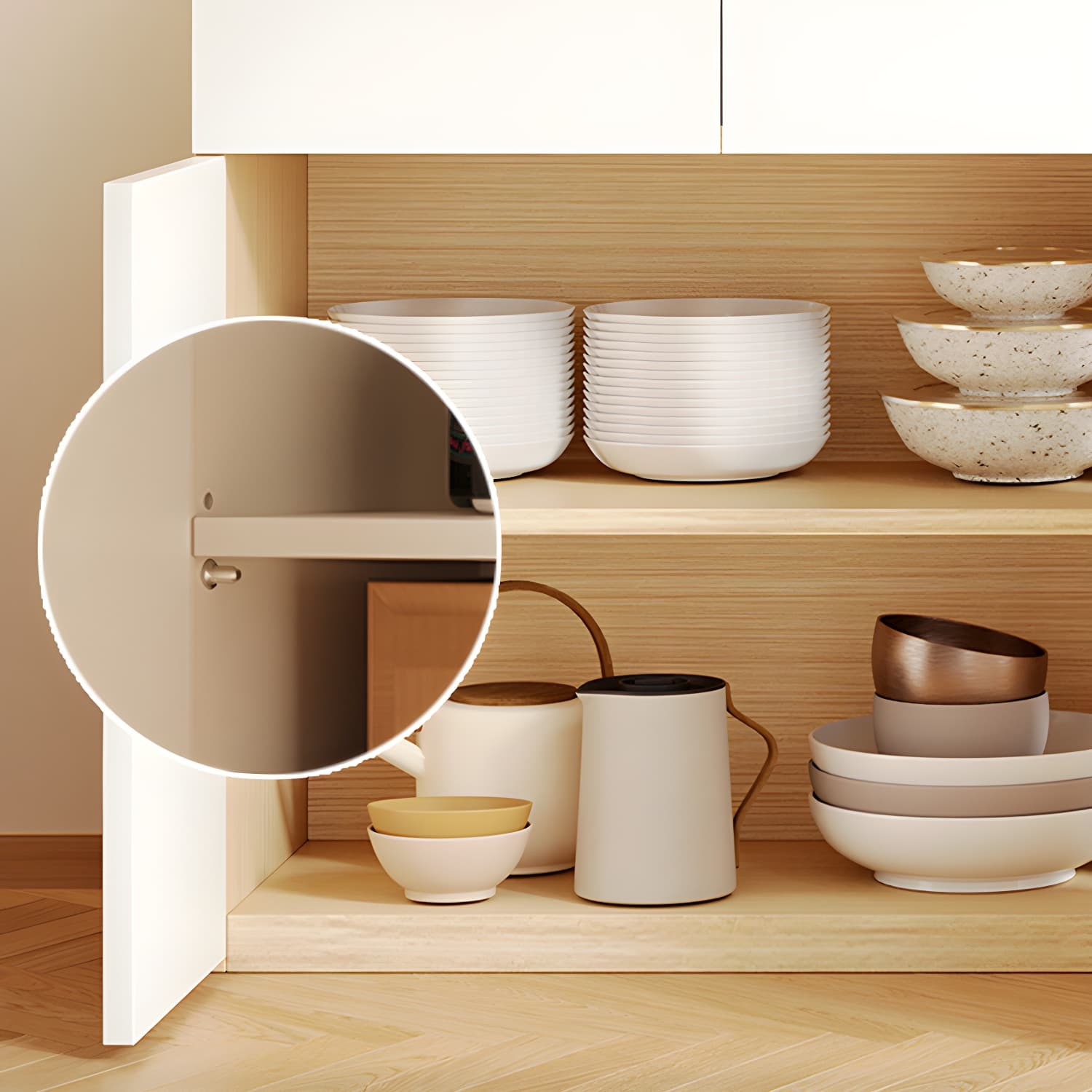 Scandinavian White Wood Buffet Sideboard Cabinet with Cabinets and Shelves thumbnail 4